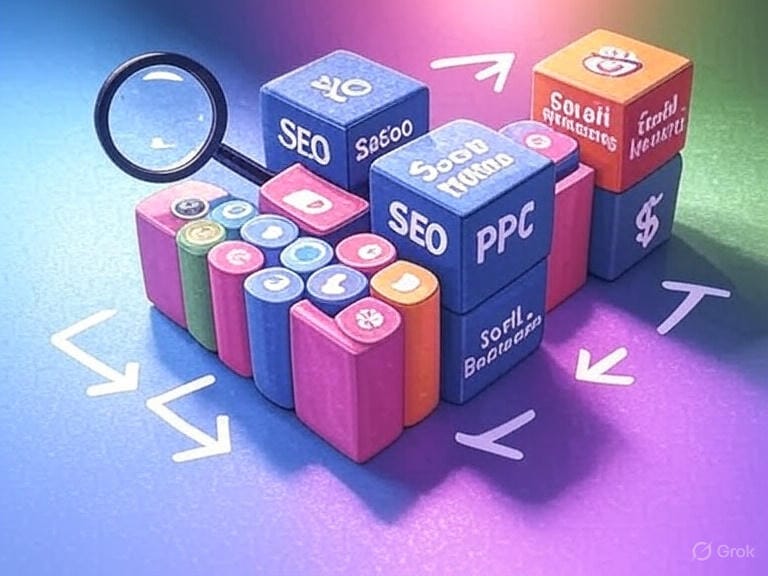 A dynamic scene with four interconnected blocks labeled 'SEO' (magnifying glass), 'Social Media' (icon cluster), 'Email Marketing' (envelope), and 'PPC' (dollar sign), each in distinct colors. Arrows point to a central rising bar chart and a growing plant labeled 'Your Business,' set against a vibrant gradient background symbolizing success.